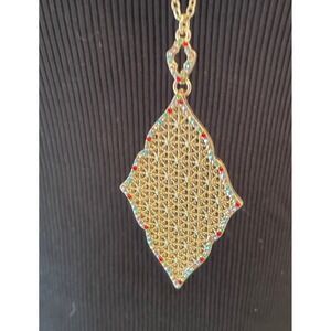Gold Tone Filigree Diamond Pendant Necklace Multi Color Rhinestone Long Chain